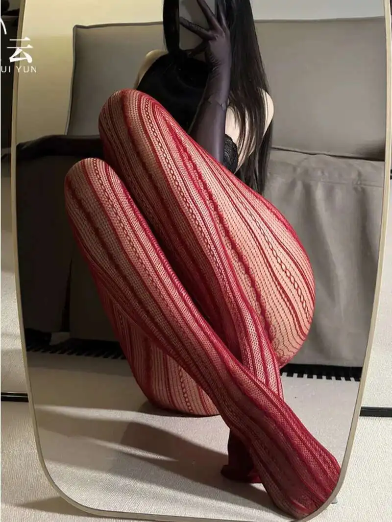 

Lace Fishnet Pantyhose Sexy Lolita Style Hollow Out Design Red Silk Stockings JK High Waist Striped Tights Christmas Gifts 8Z8G