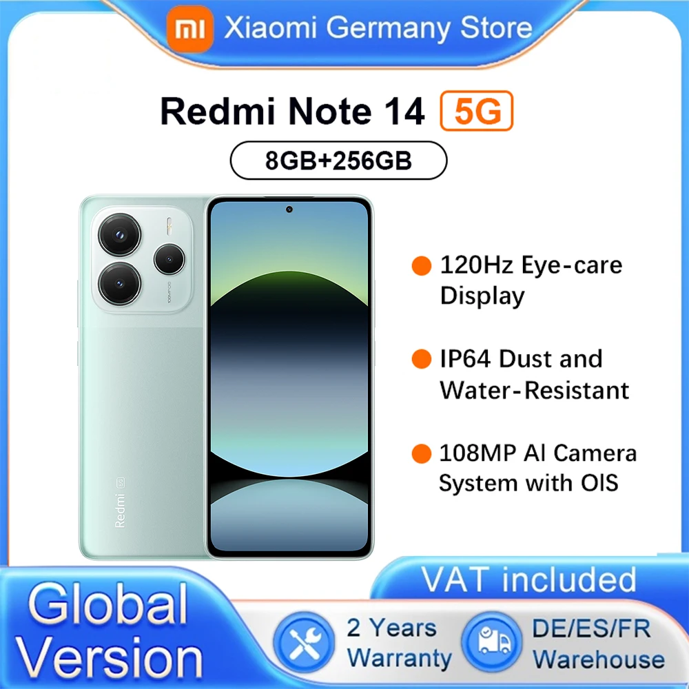 Version mondiale Xiaomi Redmi Note 14 5G Smartphone NFC MTK Dimensity 7025-Ultra 108MP Caméra 5110mAh Batterie 45W Turbo Charge Corning Gorilla Glass 5 120Hz écran de soin des yeux IP64 résistant à la