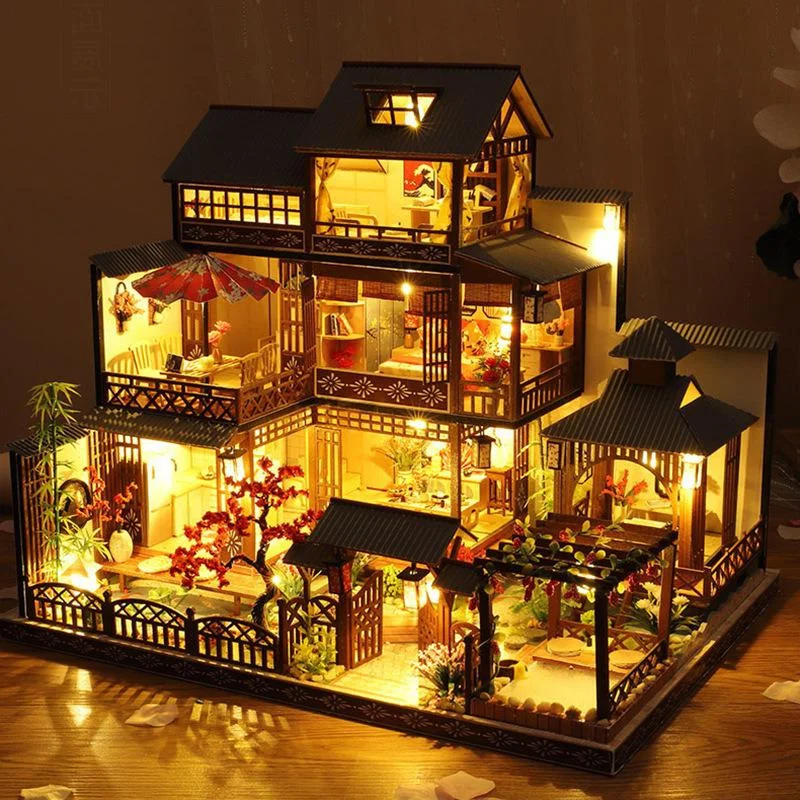 large Diy Doll House Toys Japanese Architecture Doll House Model Hot Spring House Japanese Style Simulated Villa Toy With Lamp