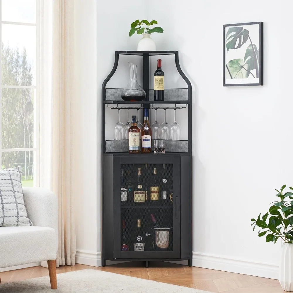 

Corner Wine Bar Rack Cabinet with Detachable Wine Rack, Bar Cabinet with Glass Holder, Small Sideboard and Buffet Cabinet with M