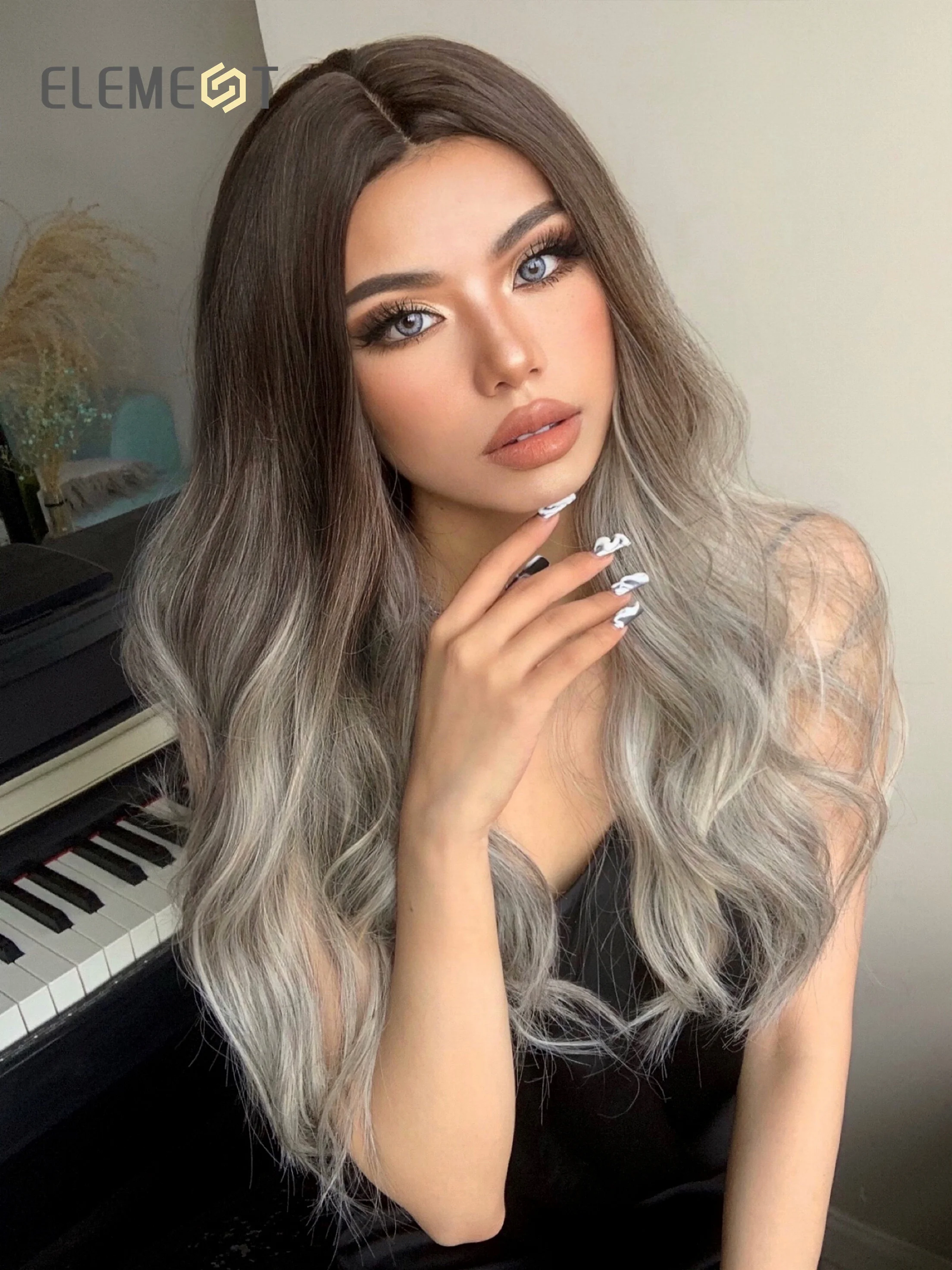 ELEMENT Synthetic Wigs For Women Ombre Brown to Silver Grey Dark Roots Long Wavy Party Daily Use Heat Resistant Fiber Fashion