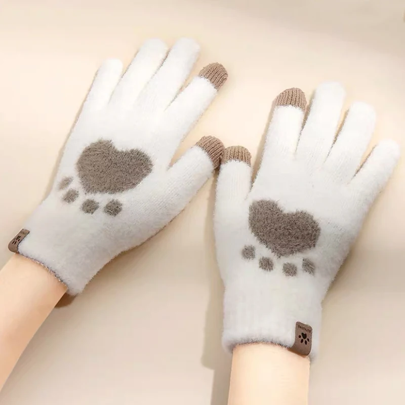 Guantes de punto con estampado de pata de gato para hombre y mujer, manoplas gruesas, suaves y esponjosas, cálidas, y pantalla táctil para teléfono móvil, Invierno