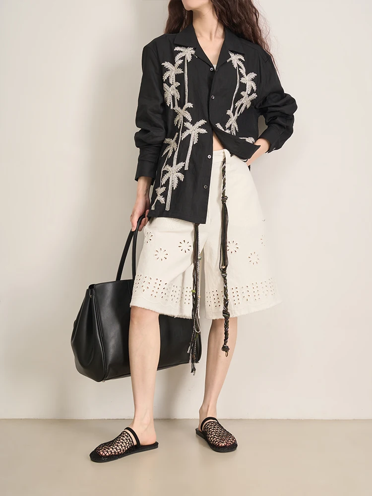 

Женская повседневная льняная рубашка Ele Island с длинным рукавом, воротником, вышивкой в виде орехового дерева и бисером, свободного кроя, для осени