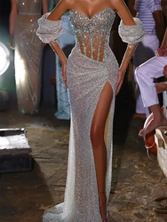 Illusion Brilliant Mermaid V Neck Side Split Sequins Prom Gowns Formal Evening Dresses Robe