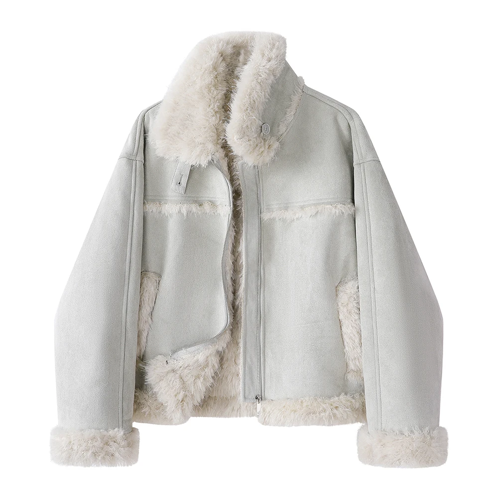 

Short Faux Suede Jacket Women Thick Fleece Lined Winter Coat Warm Sherpa Outwear Zip Up Casual Short Fur Trim Jacket
