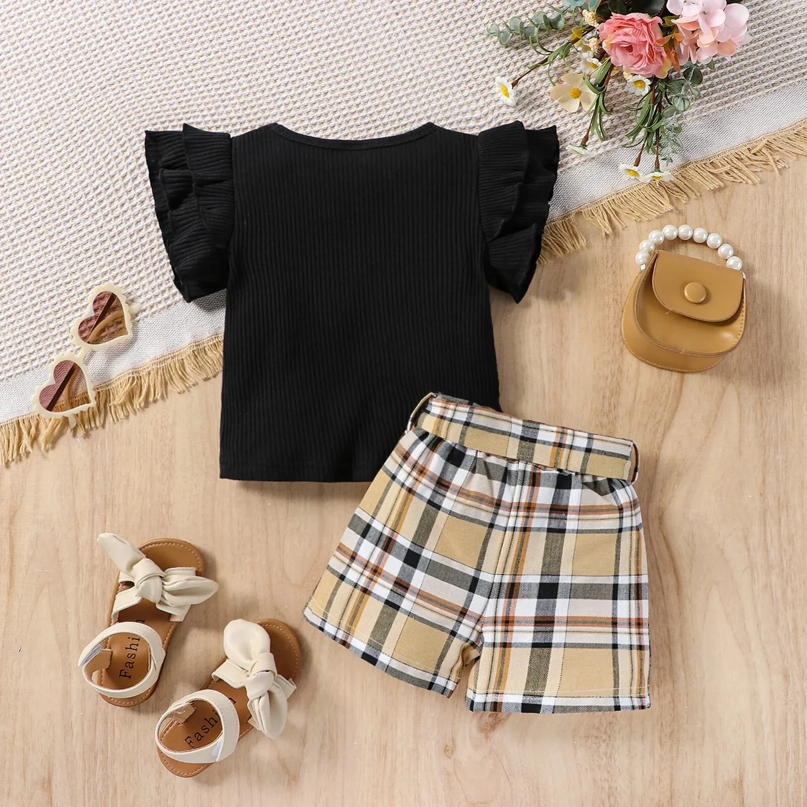 Children Sets New Summer Pure Black Sleeveless T-shirt +Causal Shorts 3Pcs Baby Girls Suit Infant Newborn Fashion Clothes