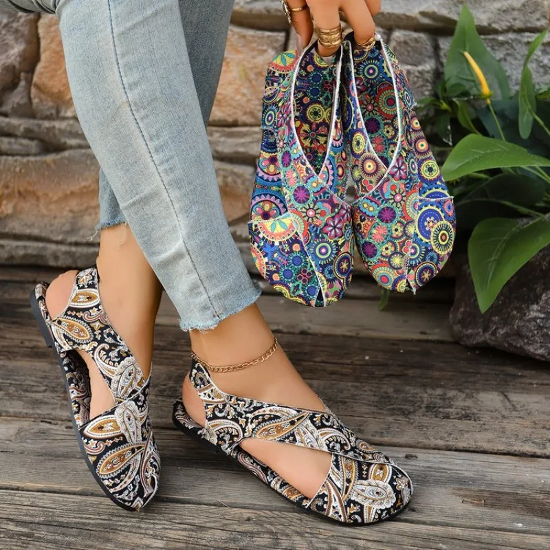 

Женские сандалии, богемные сандалии с цветочным узором, повседневная легкая обувь, шлепанцы, модные тапочки большого размера, домашние сандалии, женские сандалии