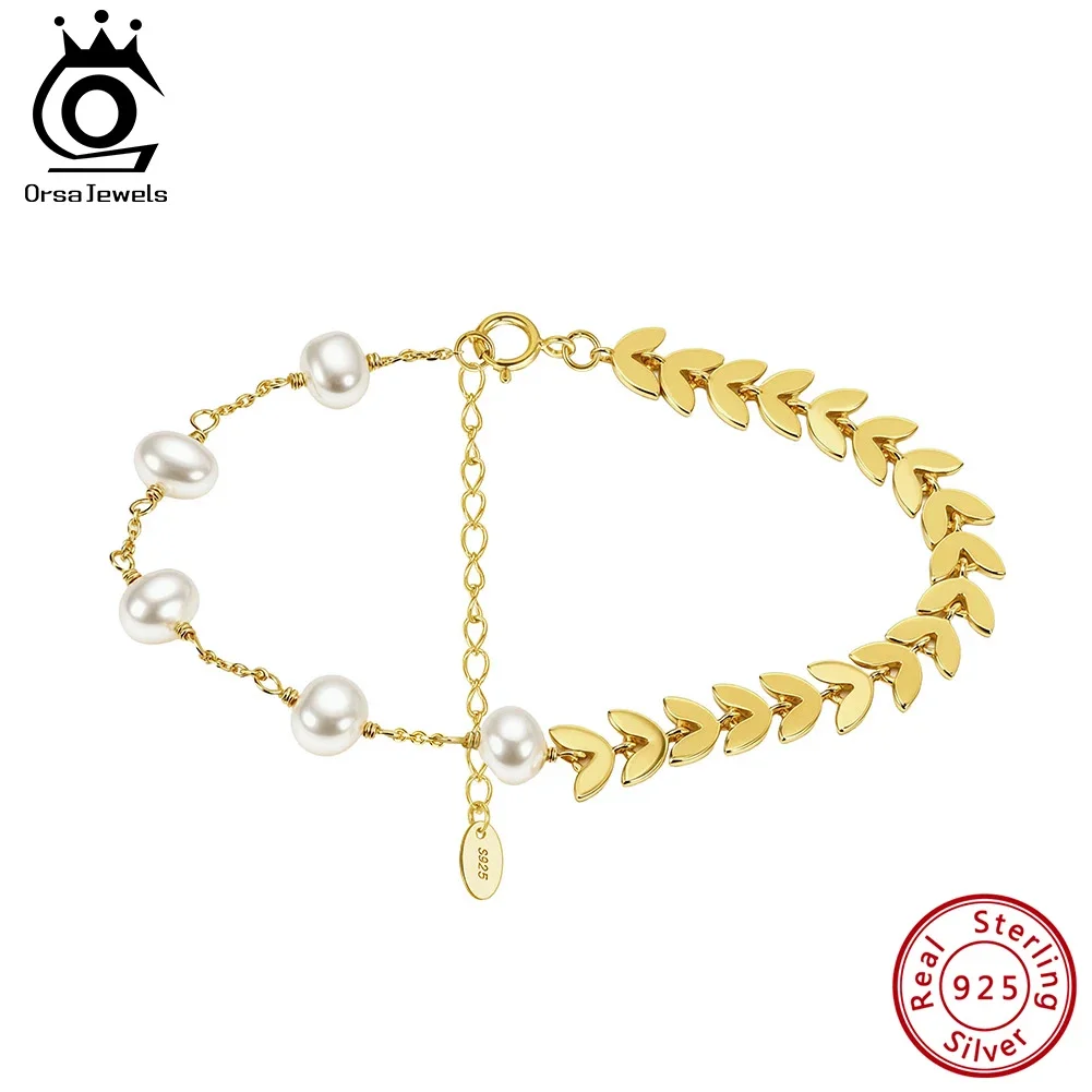 

ORSA JEWELS S925 Silver Personality Fishbone Chain Bracelets For Women Natural Pearl Leaves Beaded Bracelet Chain Set GPB45