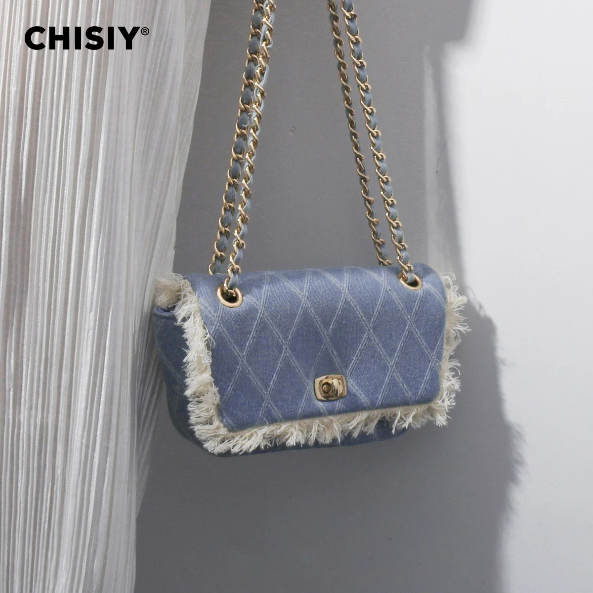 1pc Chisiy Original Handmade Diamond Patterned Pleated Denim Collection Blue Denim Fabric & Faux Leather Material Western Style