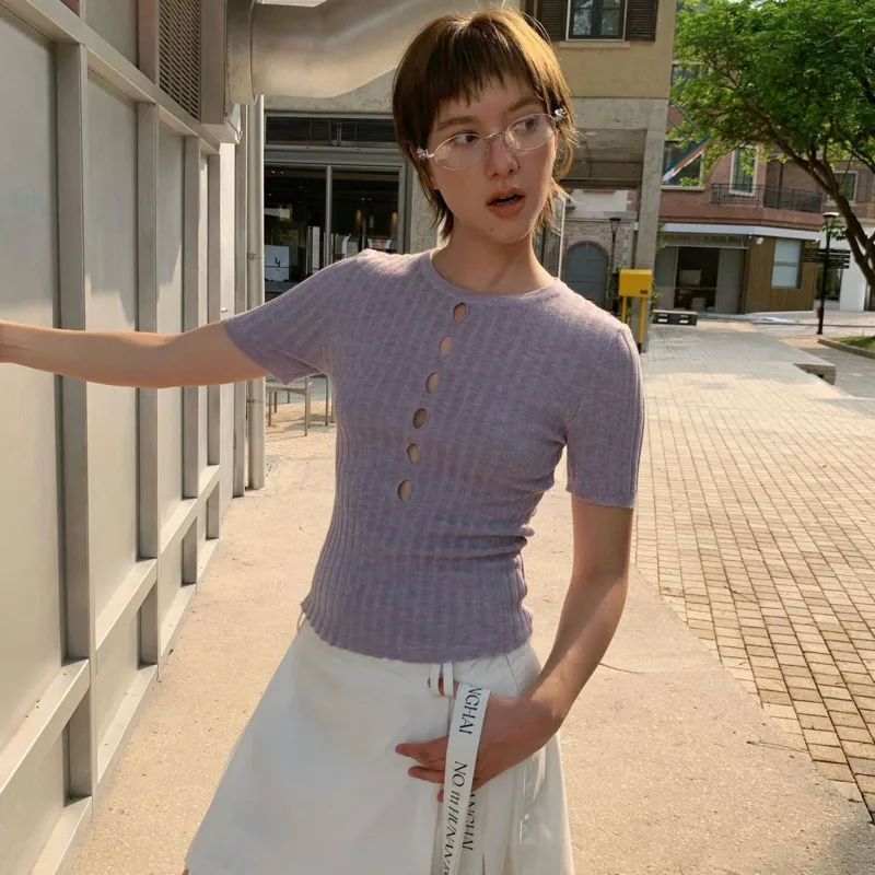 Sexy Hollow Out Basic Tee 2025 Colorful Wool Knit Short Sleeve Long Sleeve Tops Y2K Dopamine Dressing Sweet Girl Date Night Tops