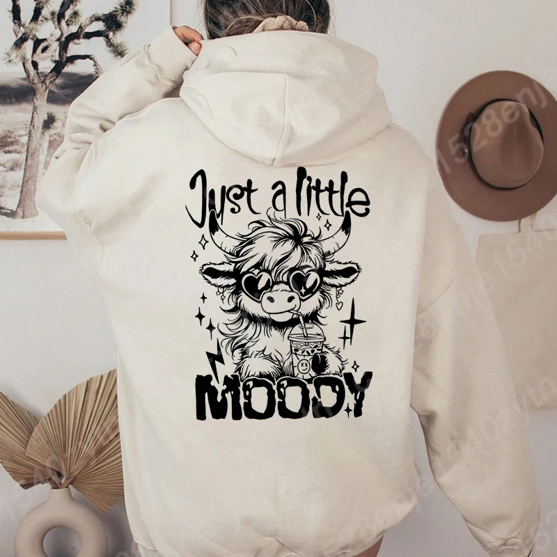 Cattle & Just A Little Moody Letter Print Hoodies, Casual Hooded Sweatshirts, Long Sleeves Pullover Tops, Women's Hoodies