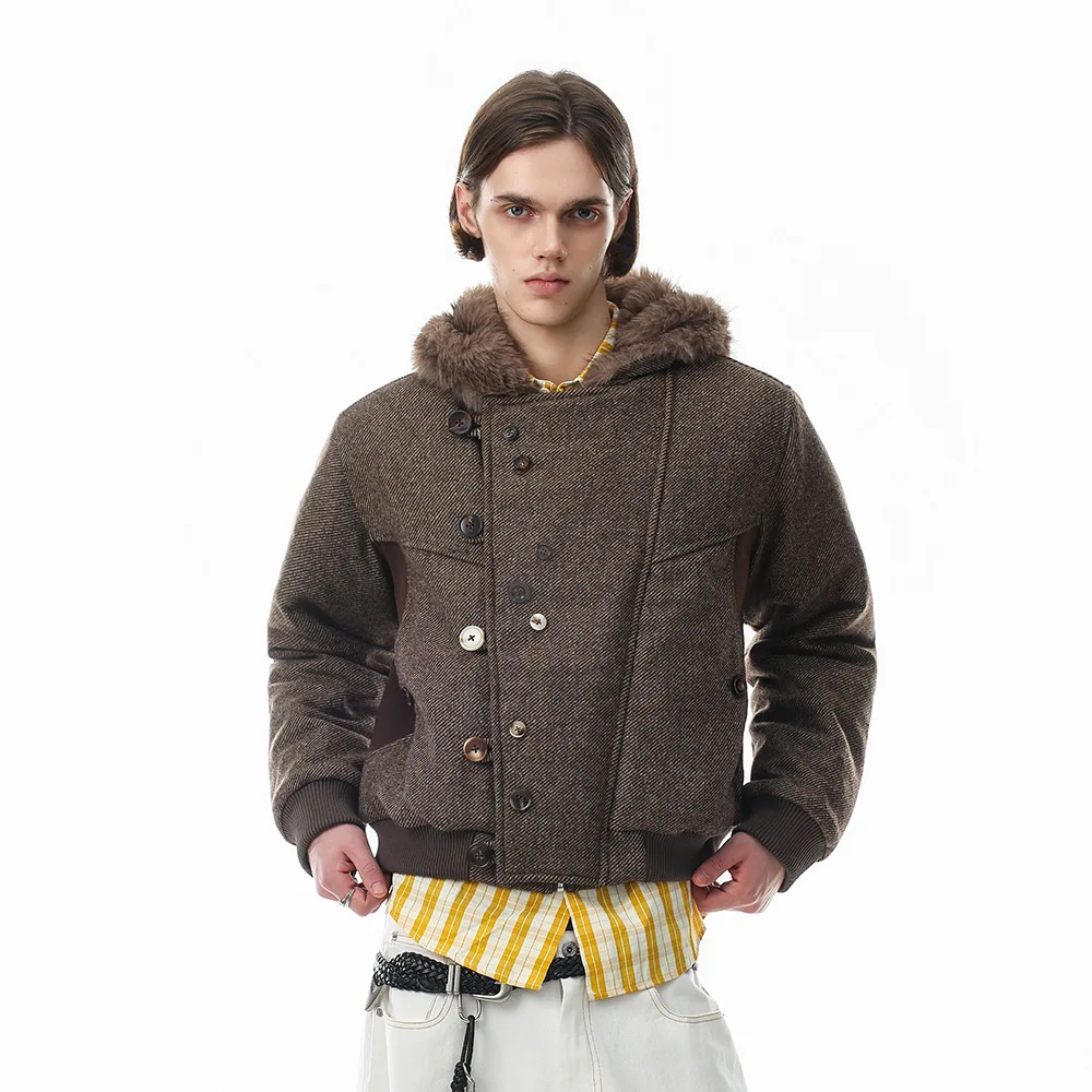 MWJLPWQ Men's Winter Trendy Punk-Style Hooded Cotton Jacket Faux Fur Collar Button Design Asymmetrical Placket Tops Chic 21342