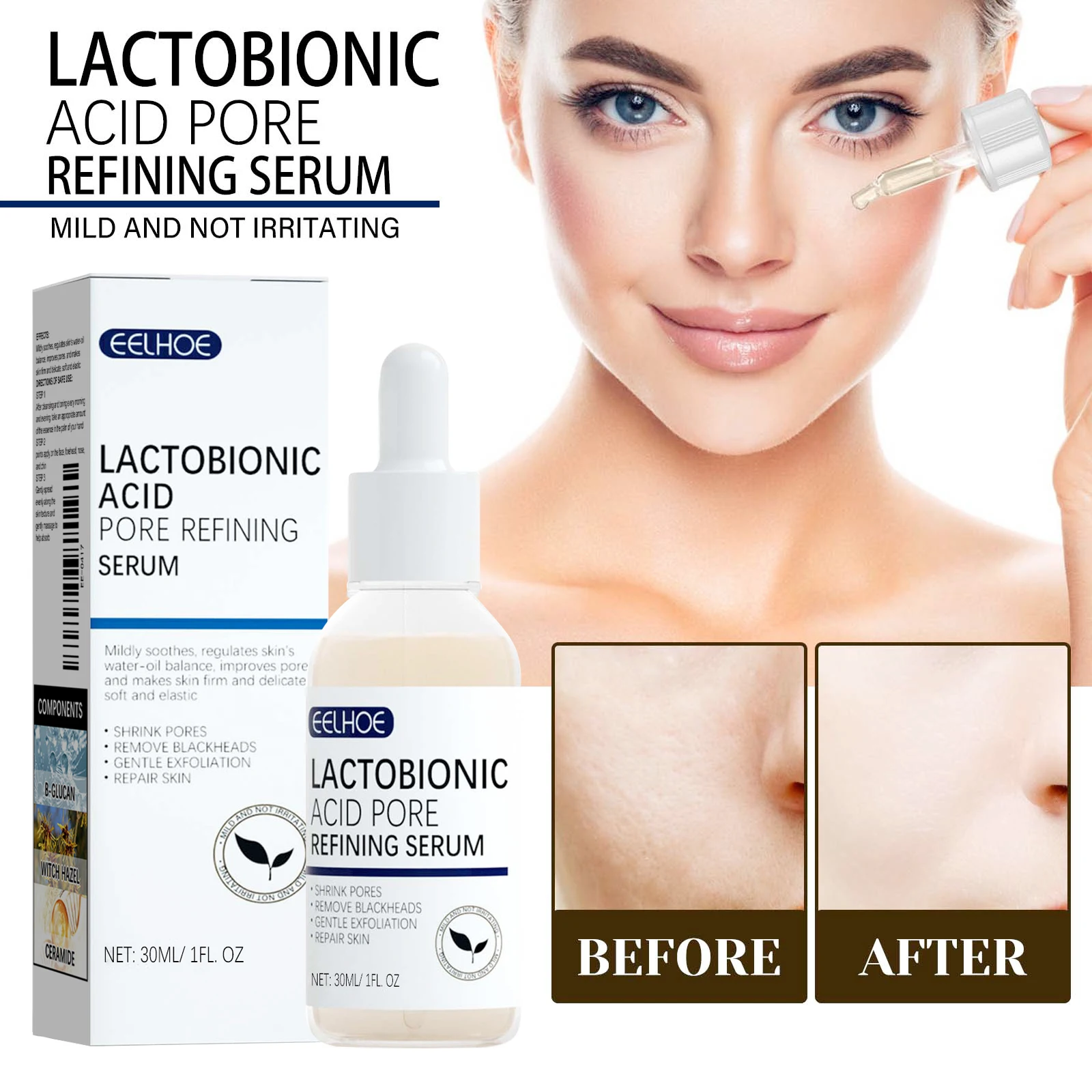 EELHOE Lactobionic Acid Pore Refining Face Serum Skin Repair Remove Blackheads Acne Skin Care Lasting Moisturizing Niacinamide
