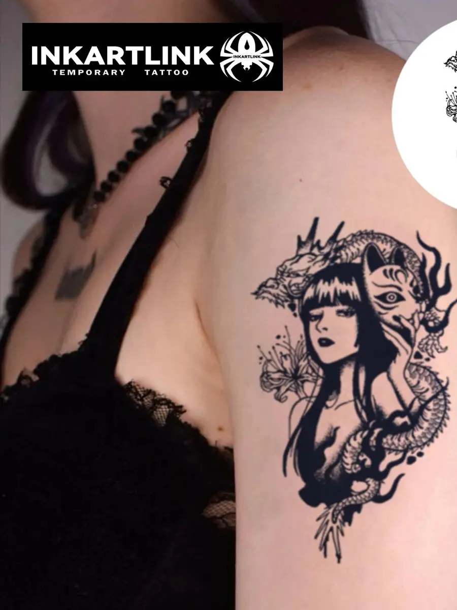 INKARTLINK Dragon visage danse fille tatouage Patch 1-2 semaines longue durée japonais Ukiyo-style imperméable tatouage temporaire