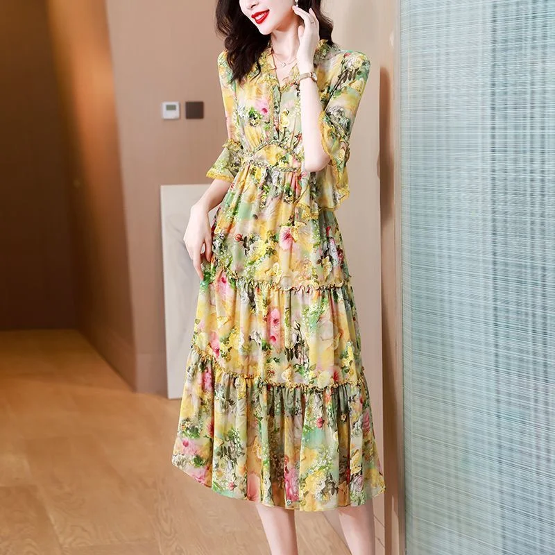 new korean summer dress long sleeve V Neck Floral Chiffon Long Dress / Long Sleeve Spring Summer Midi Dress /  Korean Style Feminin Midi