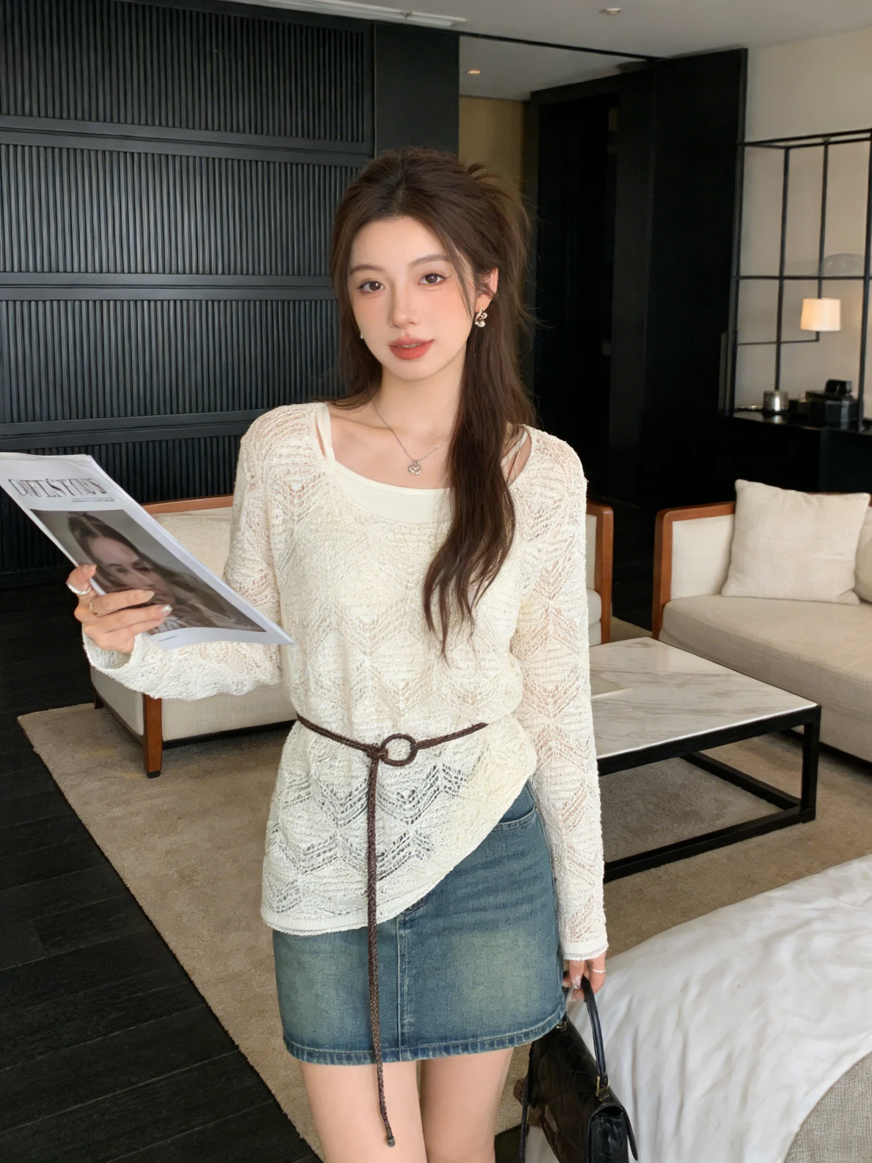 

Spring Summer New Sle Two-Piece Set Tank Top Hollow out Sun Protection Cover up T-irt with Belt Slimming Faionable Anti...