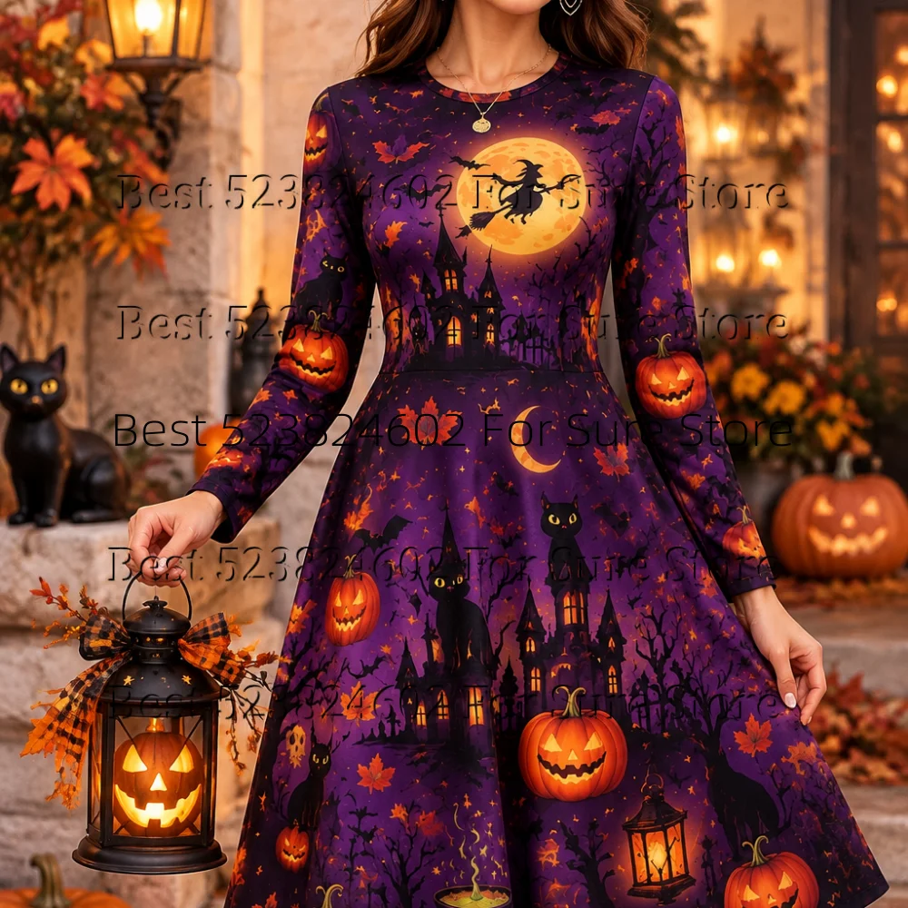 Damen-Halloween-Midikleid mit Print, O-Ausschnitt, lange Ärmel, A-Linien-Swing-Kleid, Kürbis-Hexen-Schloss-Muster, lässiges Party- und Urlaubskleid – Detail 2