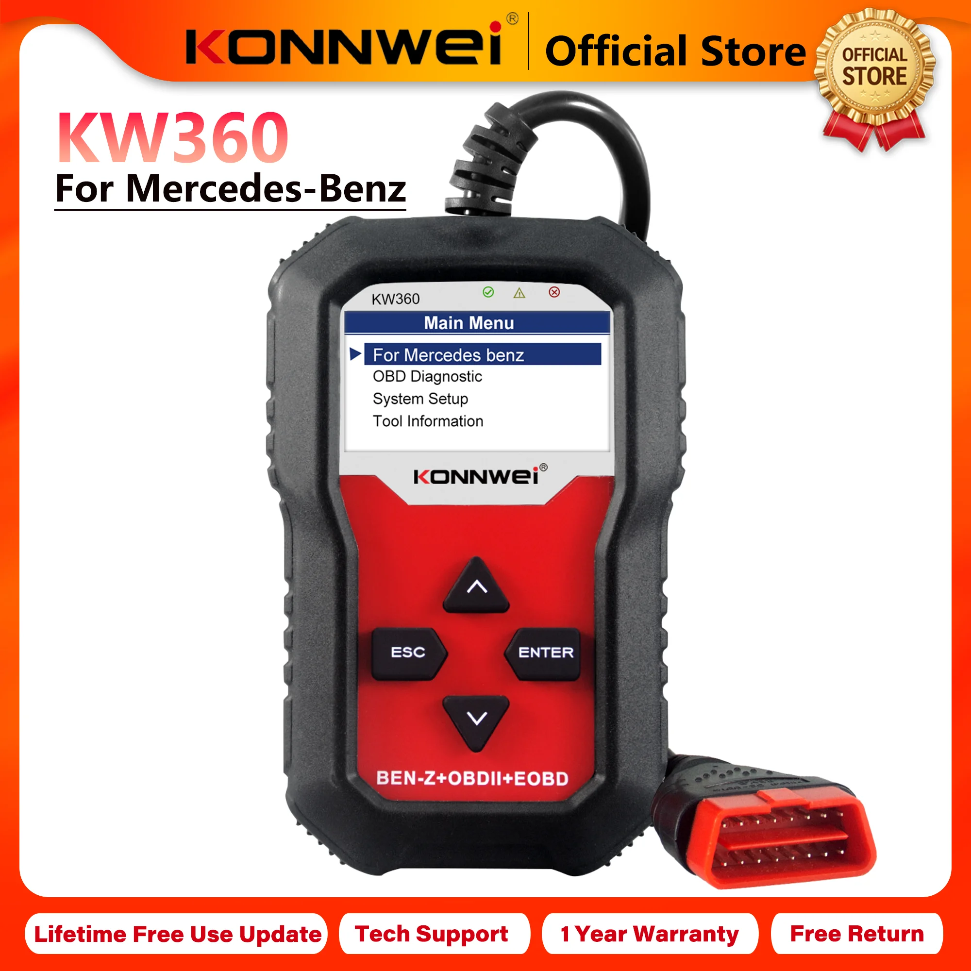2026 KONNWEI KW360 Car Full Systems OBD2 Scanner for Merceds-Benz High-end Auto Diagnostic Tool ABS Airbag Oil Reset Function