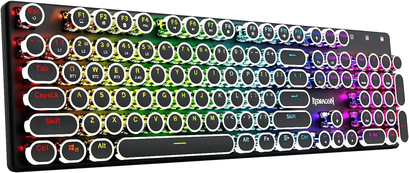 

Wireless Mechanical Gaming Keyboard with RGB Backlight, Rechargeable, Blue Clicky Switches, Metal Panel, Round Keycaps