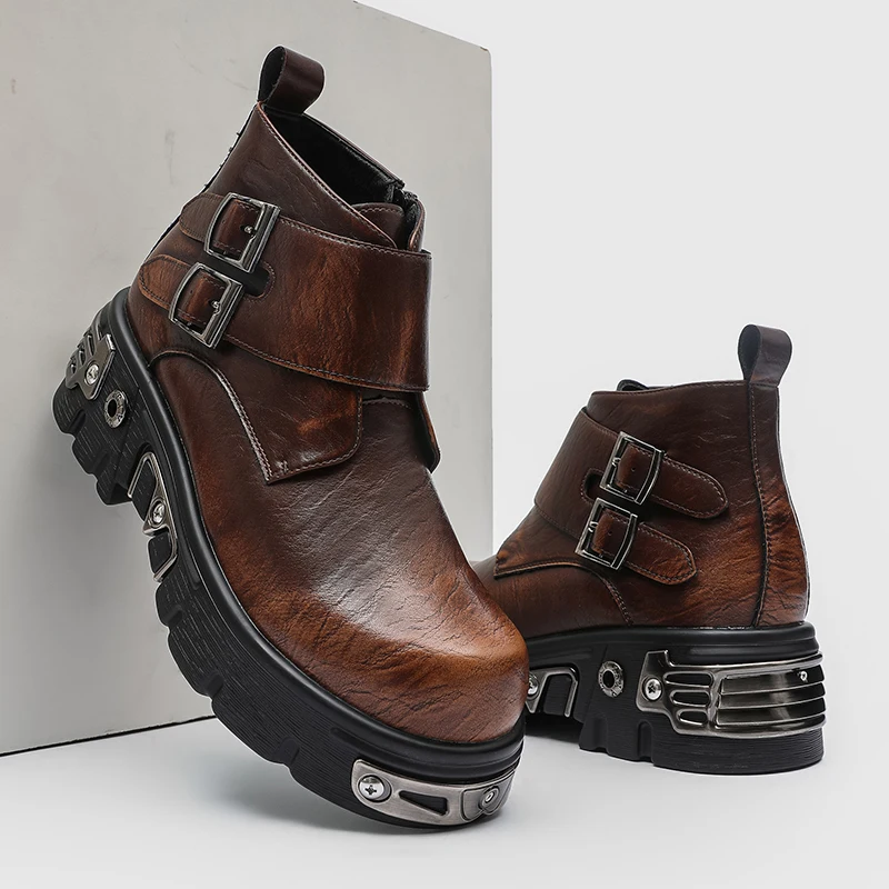 New Double Button Men Motorcycle Boots Thick Bottom Metal Punk Style Enhanced Wear Resistant Youth Outdoor Leisure Fashion Boots