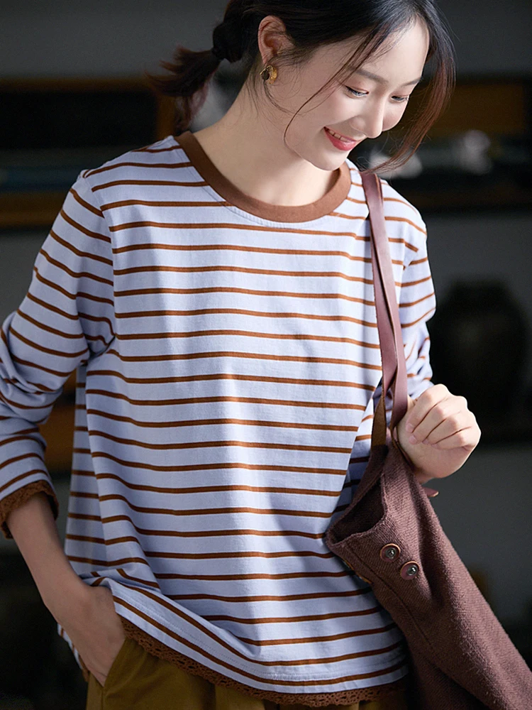 

Gujia 00% Long Pile Cotton round Ne Stripe Long Sve T-irt Artistic Design Base Layer irt Casual Loose Fit Autumn Wear