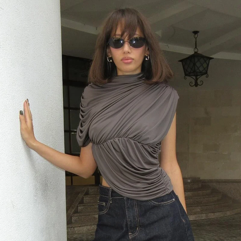 CUTENOVA المرأة الجديدة الصيف الخريف بلون عالية الرقبة التجاعيد غير المتكافئة جانب واحد يتعرض الخصر عادية تانك تي شيرت