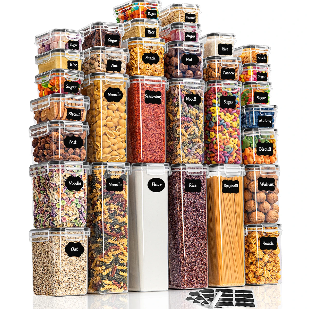 Vorratsdosen Set 32-teilig Luftdicht mit Deckel – Stapelbare Küchen Organizer für Speisekammer, BPA-freie Vorratsbehälter für Müsli, Mehl, Reis, Nudeln – inkl. Etiketten & Marker (32,28 L)