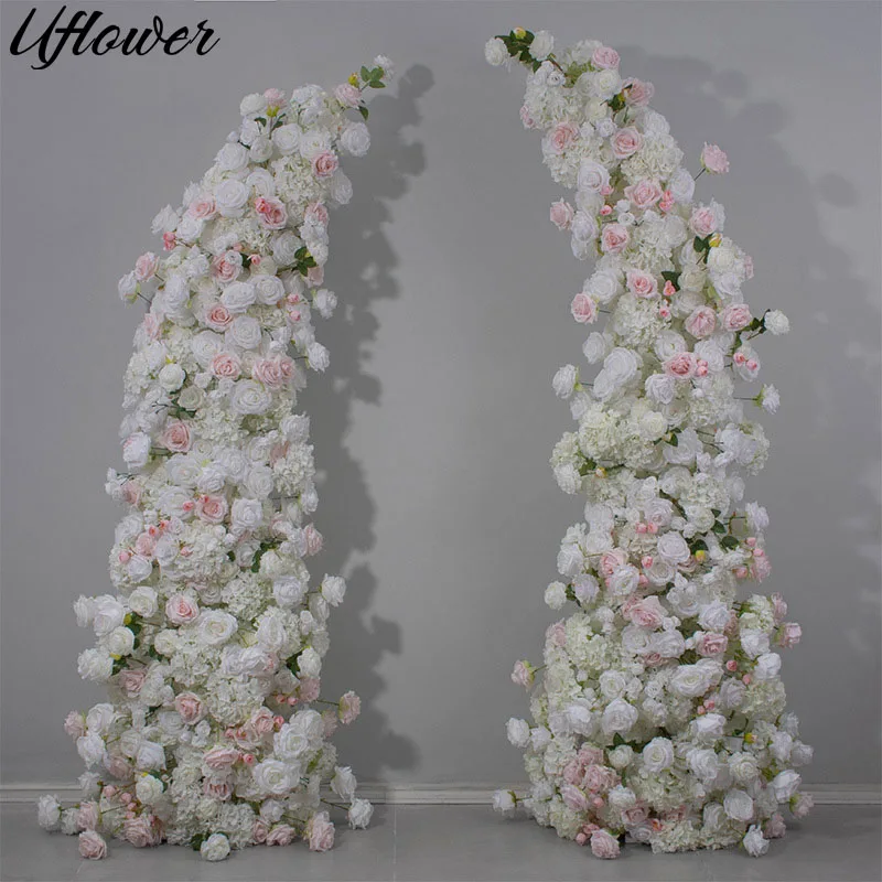 

Uflower White Rose Hydrangea Floral Arrangement Decor Horn Arch Wedding Backdrop Floor Flower Row Banquet Event Stage Party Prop
