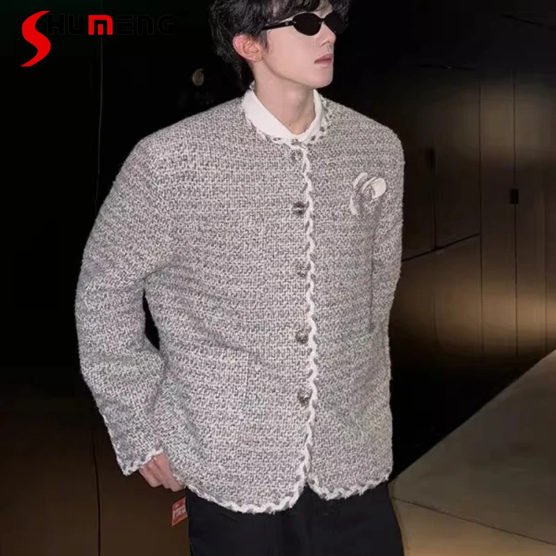 

2025 Men's Autumn New Tweed Chic Tops Rose Brooch Padded Shoulder Small Fragrant Long Sleeve Jackets High-end Men's Jacket Coats