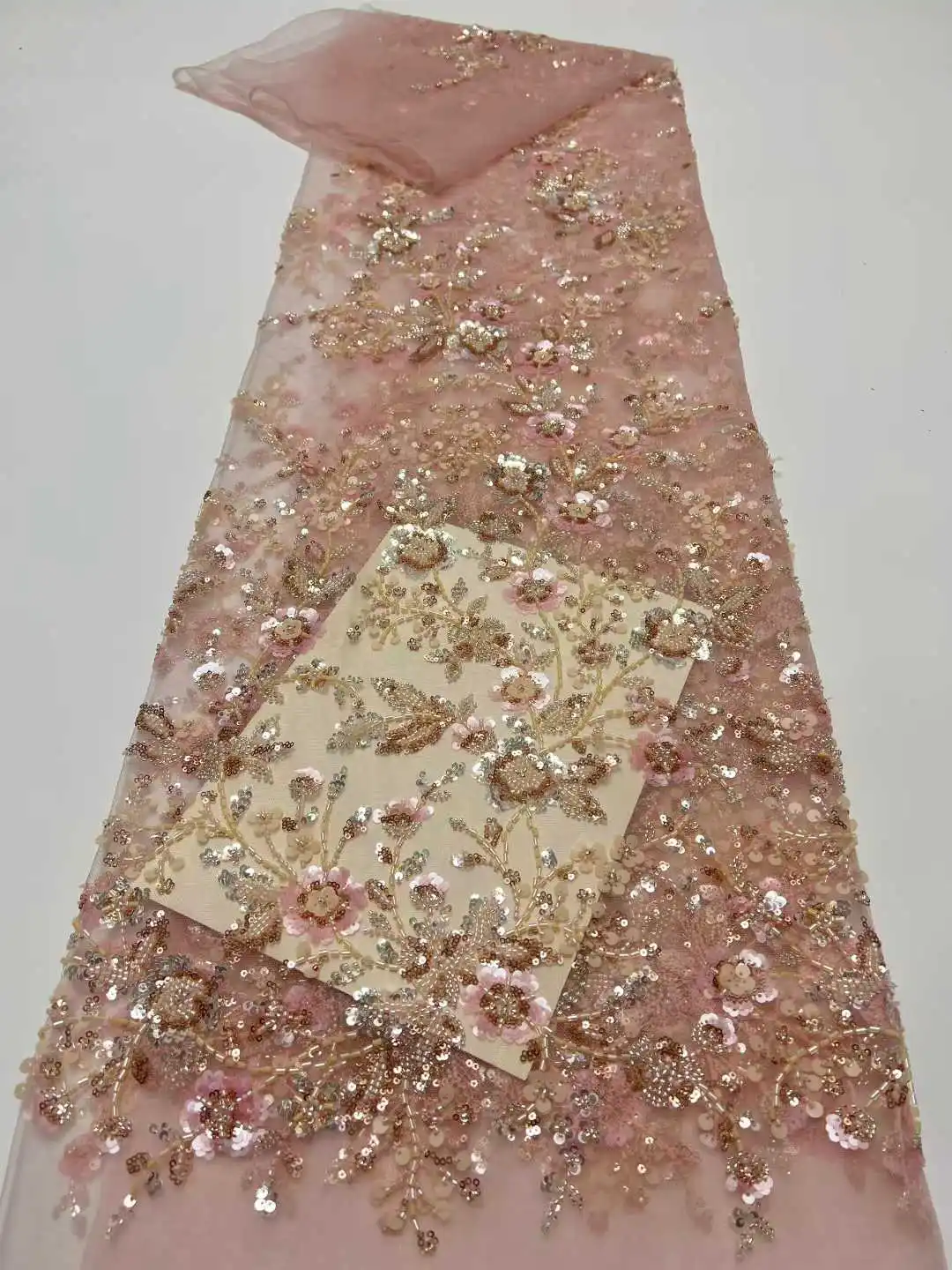 Latest 3D Flower Embroidery Beads Sequins African Lace Fabric 5 Yards High Quality Nigerian Women Wedding French Material AH1597