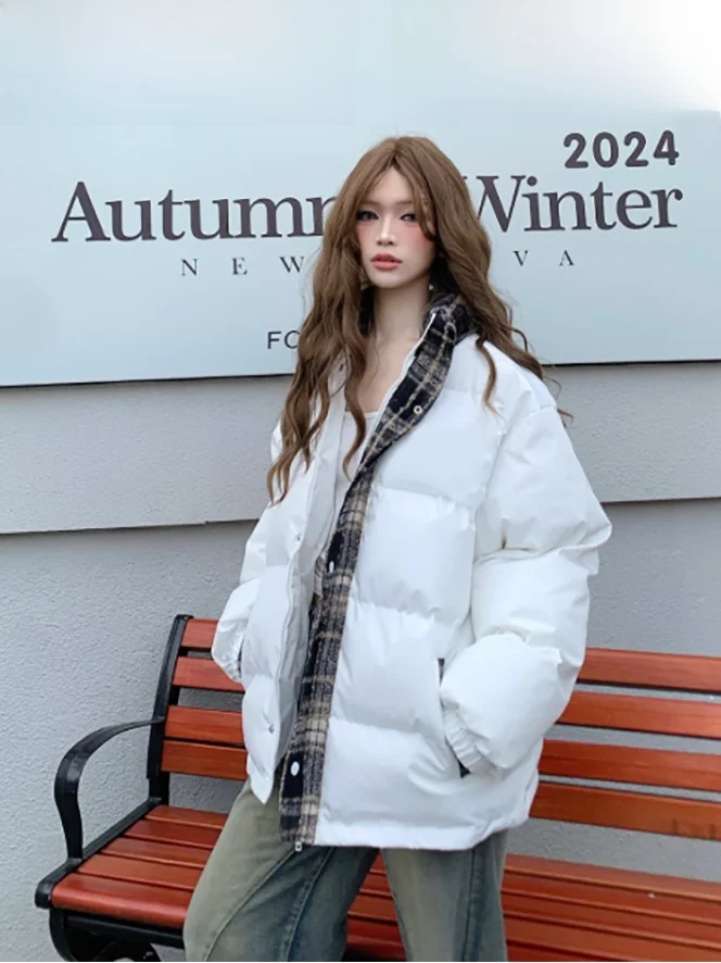 

plus Size Winter Casual Plaid Cotton Jaet Women's Street Sle High Waist Coat Thiened Long Sve Zipper Closure Coat