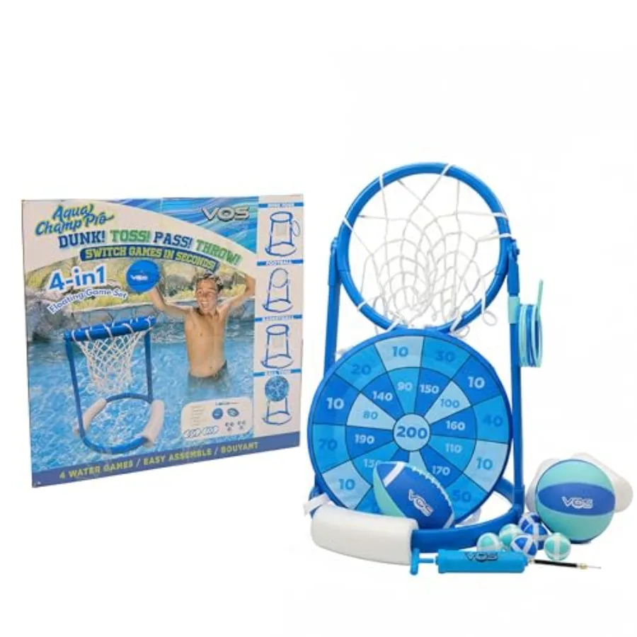 Outdoor family fun pool backyard game set: inflatable PVC blue and yellow 4-in-1 floating and ground play with basketball footb