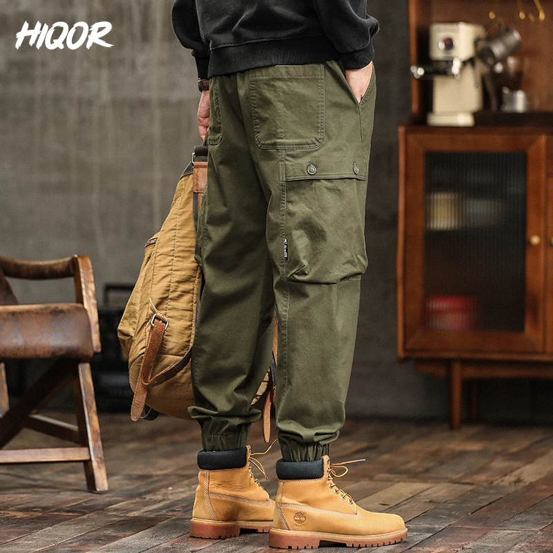 Hiqor-Calça Masculina Solta de Algodão Cargo com Bolso Grande, Macacão Masculino, Streetwear Casual Baggy, Esportes ao Ar Livre, Atletas, Roupas Masculinas