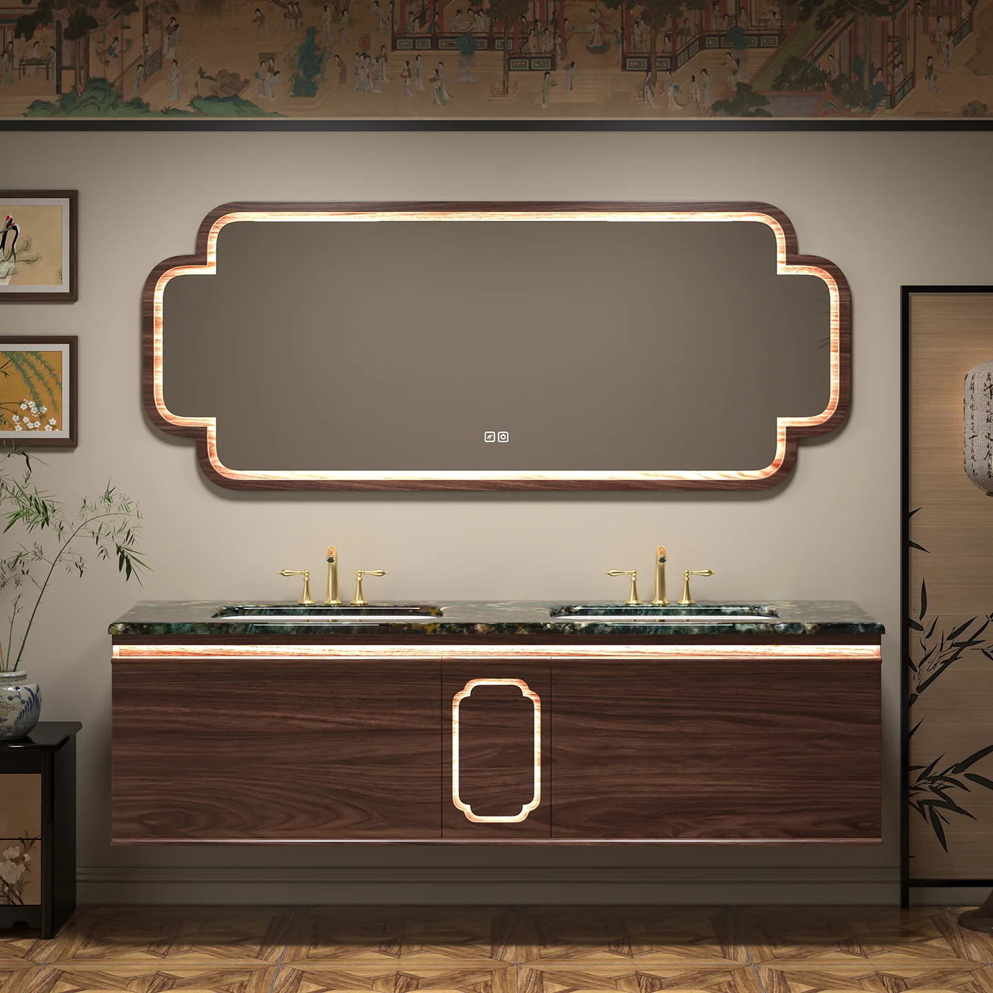 

Роскошный каменный шкаф для ванной комнаты в сочетании с тумбой-умывальником из черного ореха в античном стиле