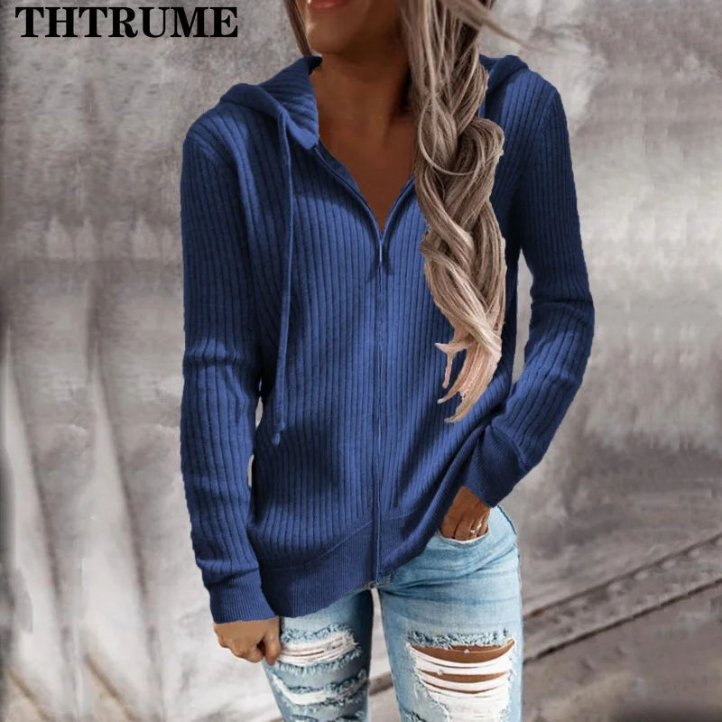 Autumn Winter Warm Hoodies Fashion Long Sleeve Zipper V-Neck Elegant Women Loose Hooded Casual Office Lady Knit Chic Sweatshirts