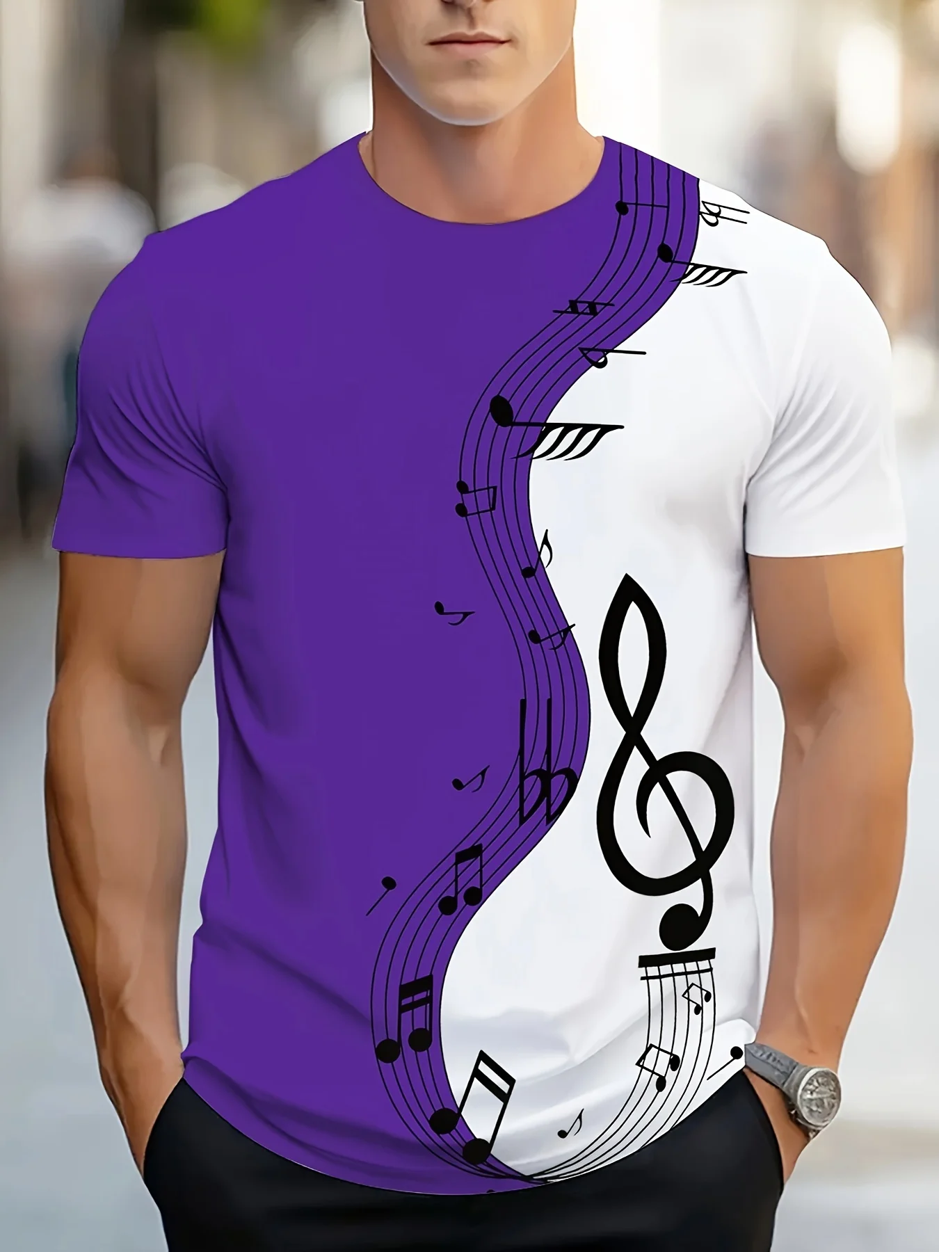 Men Music Note Treble Clef Print T‑Shirt Crew Neck Short Sleeve Casual Daily Streetwear Tops