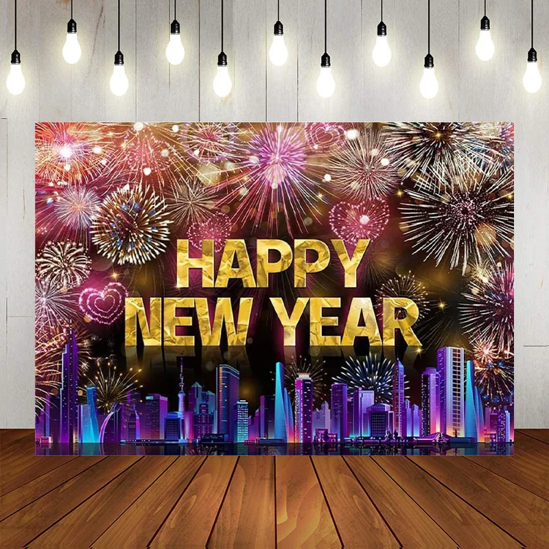 Happy New Year Backdrop City Night Fireworks Photography Background Cheers to The New Year Eve Party Decor Supplies Banner Prop