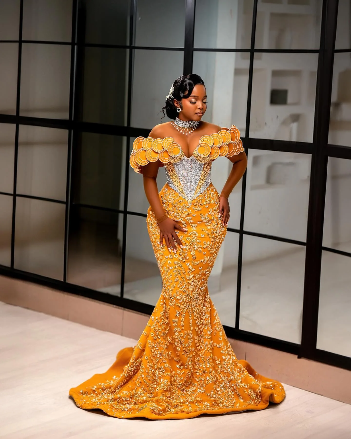 2024 Aso Ebi African Yellow Mermaid Prom Dresses Lace Rhinestones Florals  Evening Party Second Engagement Birthday Gowns Dress