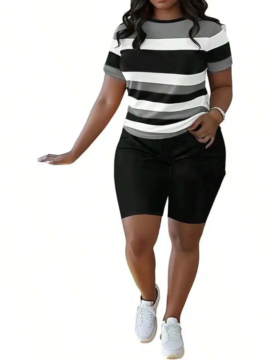 Women 2 Piece Striped Short Sleeve Top And Biker Shorts Set