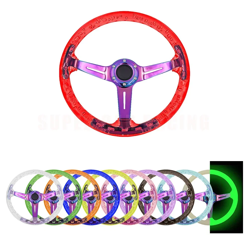 350MM Car Modified Deep Dish Bubble Style Transparent Crystal Steering Wheel With Neo Chrome Spoke Steering Wheel Racing Gaming