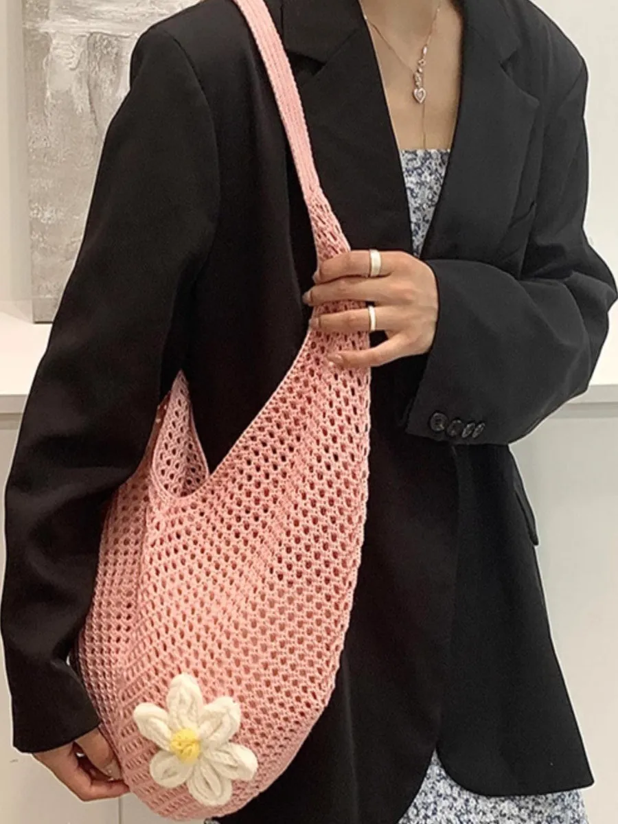 Nowa ażurowa torba plażowa w kwiaty, codzienna torba typu tote o dużej pojemności, torba crossbody, tkana torba młodzieżowa na jedno ramię, torba na co dzień.