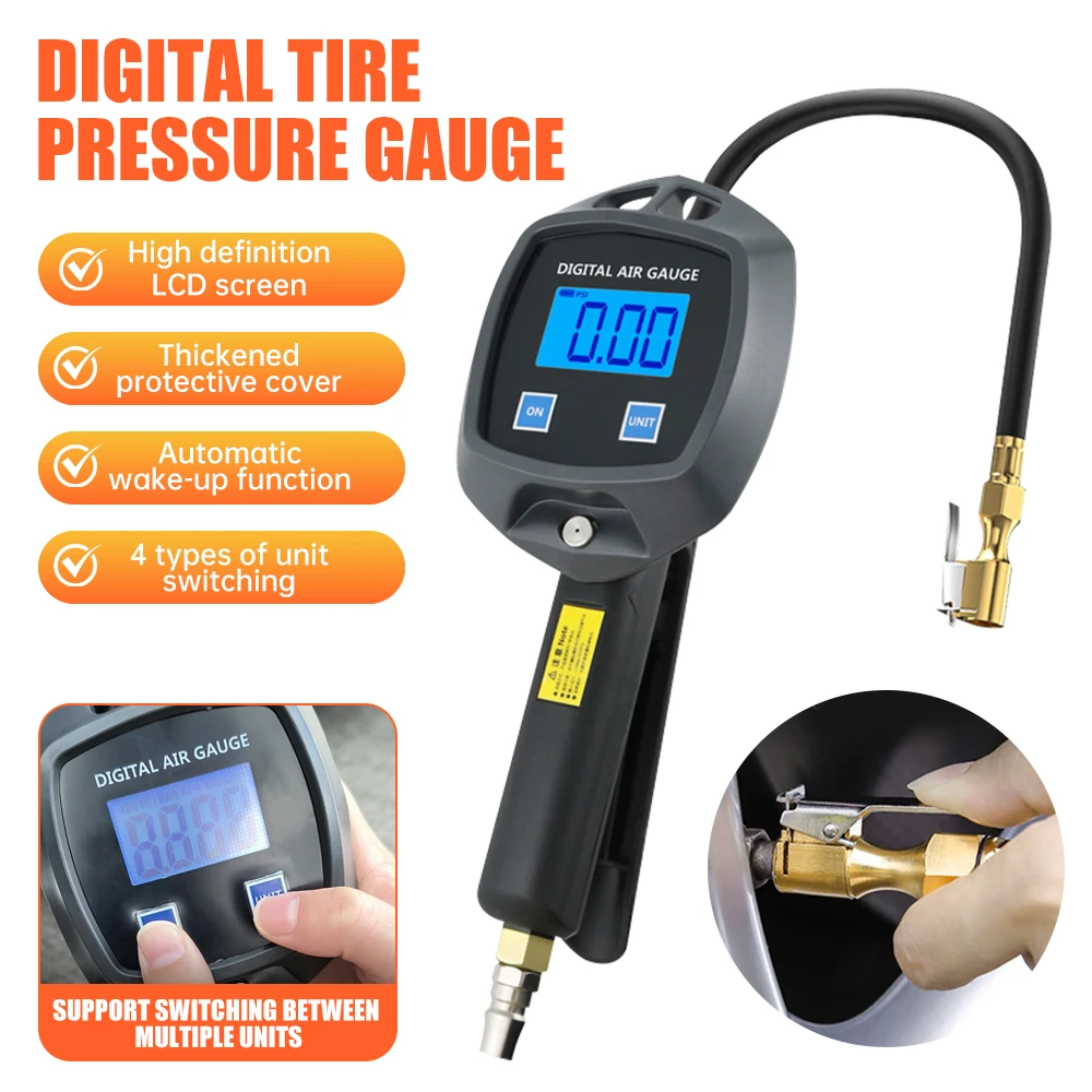 

Digital Tire Pressure Gauge with Copper Nozzle 0-255psi 0-18bar Pressure Monitor Battery Powered Tire Tester for Car Motorcycle