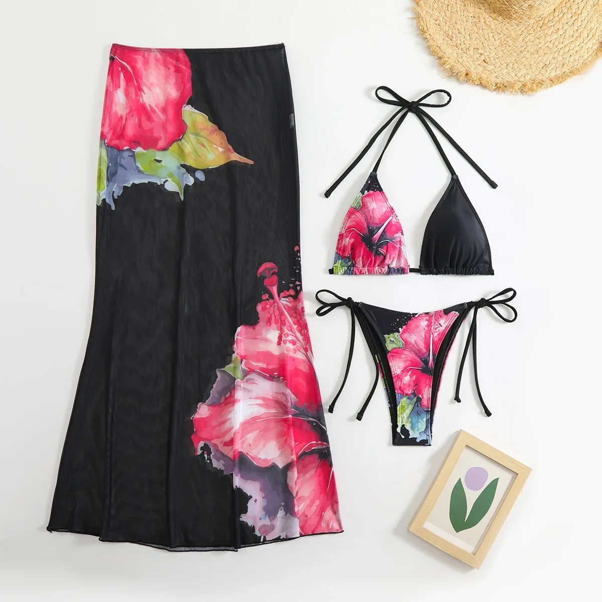 Traje de baño Sexy personalizado estampado para mujer con falda de Vestido de playa de encaje conjuntos de Bikini de 3 piezas traje de baño ropa de playa trajes de baño