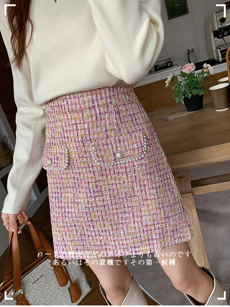 SMTHMA Women Small Fragrance Style Tweed Woolen Mini Skirt High Waist A-line Skirts Korean Style Autumn Women's Clothing