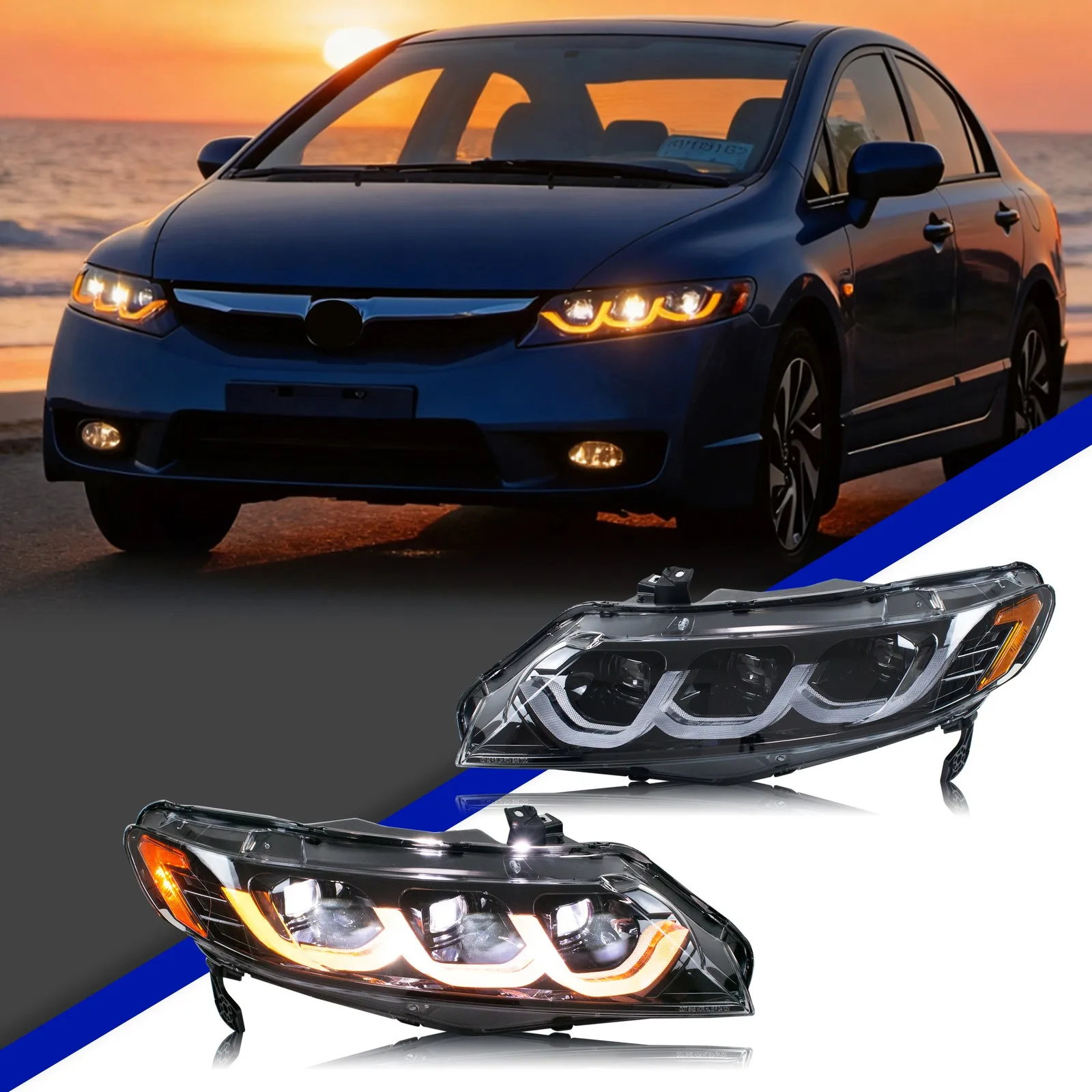 

LED Headlights for Honda Civic 2006-2011 EX LX Si DRL Triple Projectors Sequential Turn Signal Front Lamps Assembly