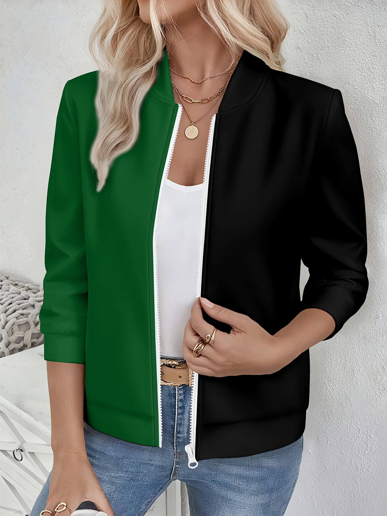 

Women's Gradient Color Block Jacket, Stretch Polyester Fabric, Baseball Collar Design, Front Zipper Long Sleeve