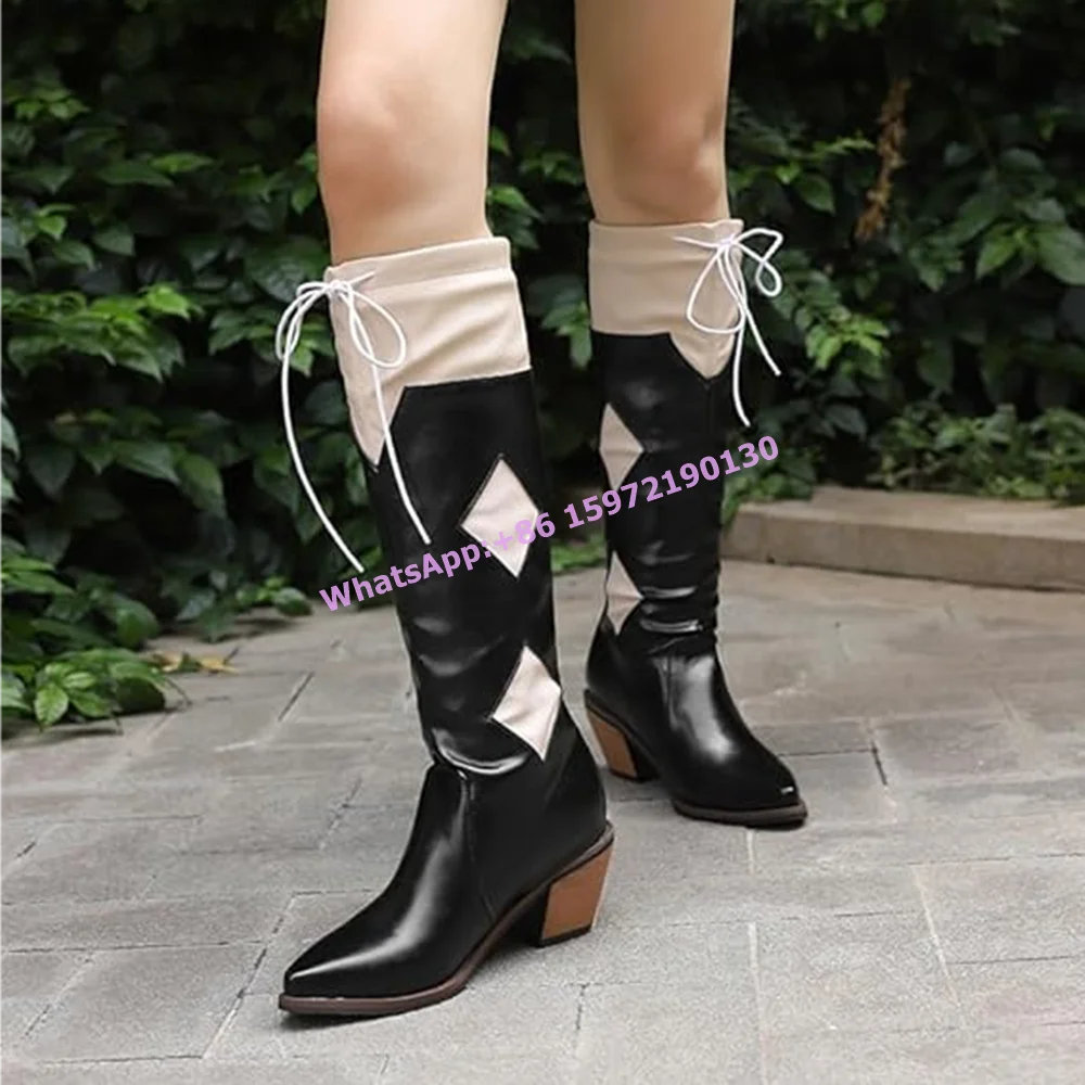 

Hollow Patchwork Boots Elastic Band Pointy Toe Chunky Heels Black White Knight Boots Women's Fashion Sexy Knee High Boots 2025