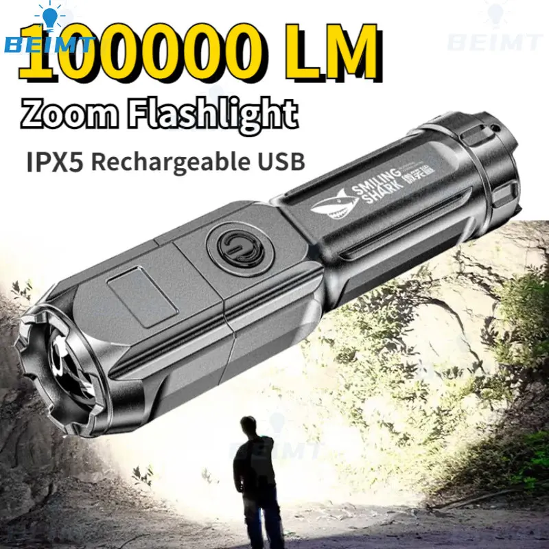 

100000LM Powerful LED Flashlight USB charge Tactical Flash Light Variable Focus Long Range Torch Outdoor Waterproof Flashlights