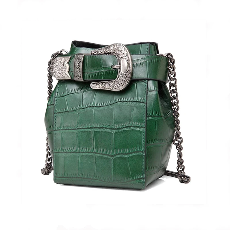 

Crocodile Embossed Genuine Cow Leather Mini Bucket Crossbody Bags Women Fashion Pin Buckle Crossbody Phone Bag Luxury Bags