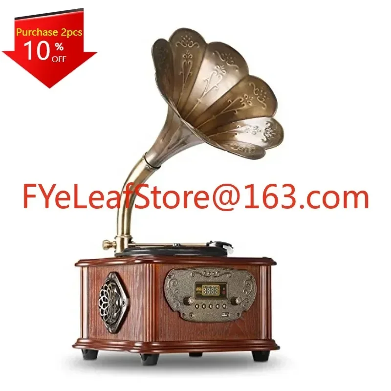 Retro All-In-One Turntable Record Player Vintage Phonograph Gramophone Bluetooth USB Output Copper Horn Nostalgic